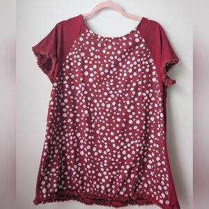 Misslook Red Polka Dot Top with Fringe Hem Oversized Medium